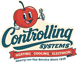 Logo for Controlling Systems featuring a smiling cherry holding a wrench, with text: “Heating, Cooling, Electrical. Cherry-on-Top Service Since 1976.”.
