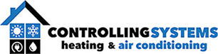 Controlling Systems logo with a house icon featuring climate symbols and the text "Controlling Systems heating & air conditioning.