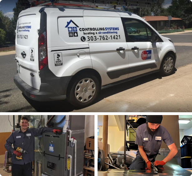 A Controlling Systems service van, a technician installing HVAC equipment, and another technician working on metal ductwork in a workshop.