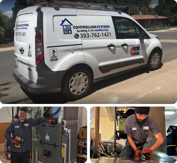 A Controlling Systems service van and two technicians working on HVAC equipment indoors.