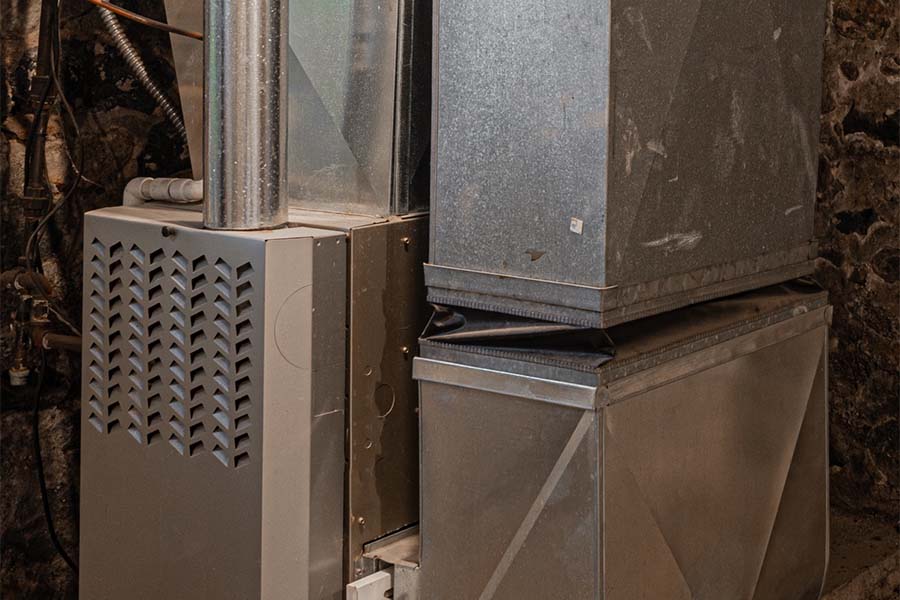 A metal furnace unit with attached ductwork is installed in a basement with stone walls.