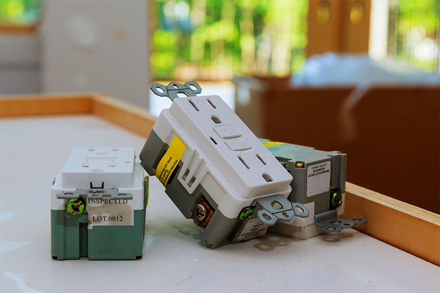 Three electrical outlets and switches are placed on a table in a partially constructed or renovated indoor space with sunlight coming through windows.