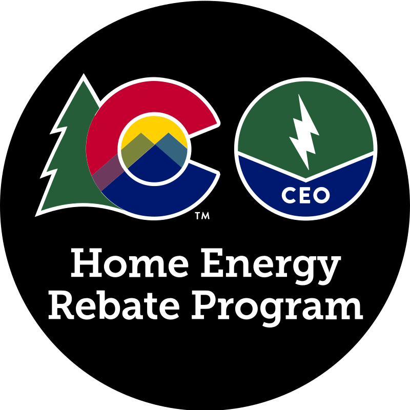 Circular logo with Colorado and CEO symbols above the words "Home Energy Rebate Program" on a black background.