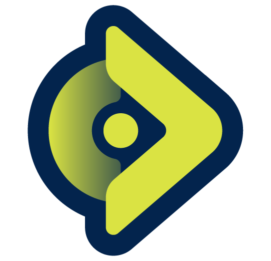 A stylized green and navy logo featuring a circular shape with a right-facing arrow design on a light gray background.