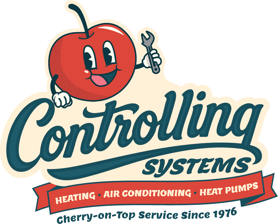 Logo with a smiling cartoon cherry holding a wrench above the words “Controlling Systems,” advertising heating, air conditioning, and heat pumps since 1976.